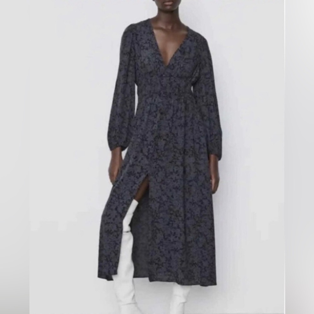 Zara Navy Floral Long Sleeve Dress